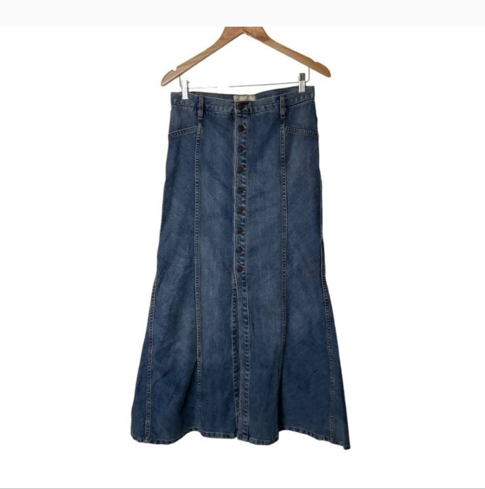 Free People Button-Fly Packaged Hip A-Line Maxi Long Denim Skirt